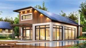 Modern houses with solar panels get renewable energy from the sun